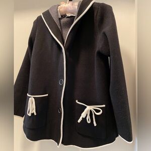 Black with white accents, Frilli Exchange hooded  knit snap button  cardigan